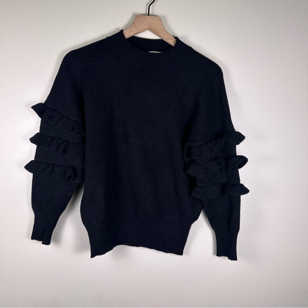 Anthropologie LINE & DOT Small Chic Black Chunky Ruffle Sleeve Pullover Sweater - Picture 2 of 6